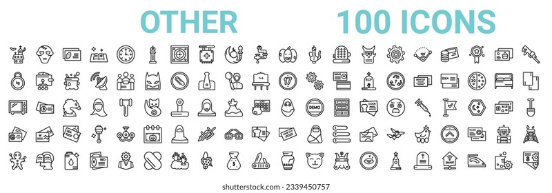 outline set of 100 other line icons. linear vector icons such as monster,kilograms,seventeen,microwave,arabian woman,green abstract business card,hair cut business card,broken vase. vector