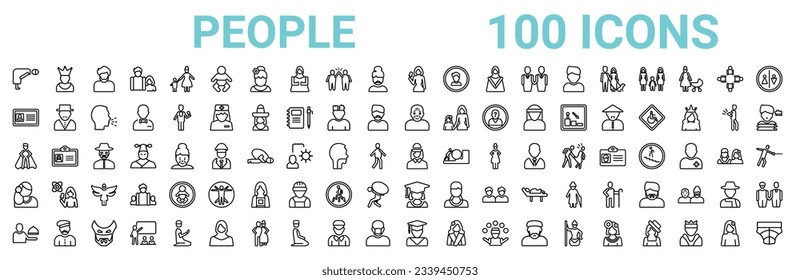 outline set of 100 people line icons. linear vector icons such as empress,identification ard,old man,cape,delivery woman,venezuelan,students graduation hat,graduated student. vector illustration svg
