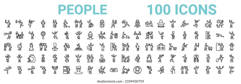 outline set of 100 people line icons. linear vector icons such as man throwing a dart,man walking through the wind,person mowing the grass,chat balloon,slap,scholar girl front,hide and seek,man