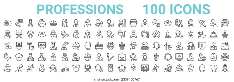 outline set of 100 professions line icons. linear vector icons such as journalist,orthodontist,musician,hunter,president,miner,postman,mafia. vector illustration