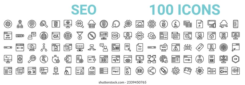 outline set of 100 seo line icons. linear vector icons such as web optimization,error 404,software,web domain,content,advertising bounce,visibility,bug report. vector illustration