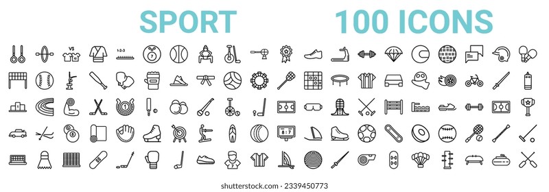 outline set of 100 sport line icons. linear vector icons such as canoe sport,formula racing,lacrosse,podium,football field,rallycross,scoreboard,windsurf. vector illustration