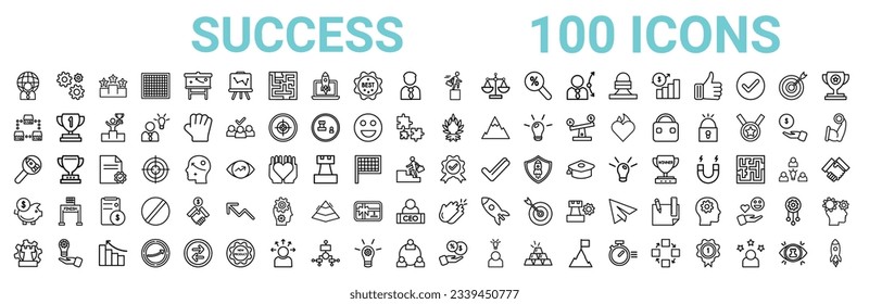 outline set of 100 success line icons. linear vector icons such as gears,franchise,wreath,startup project search,quality,piggybank,clap,commission. vector illustration