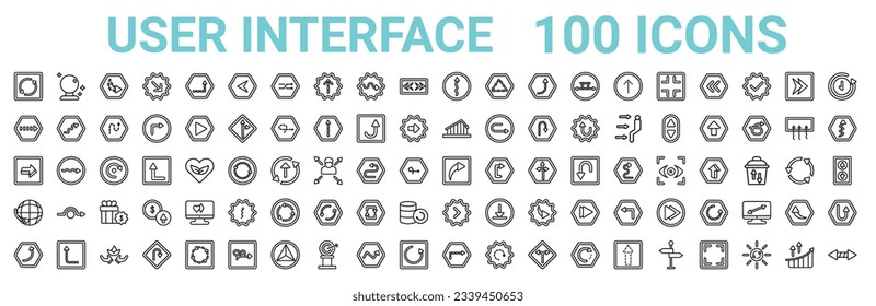 outline set of 100 user interface line icons. linear vector icons such as psychic,turn right arrow with broken line,evolution,3d turn right arrow,curved right arrow,worldgrid,right drawn arrow,turn