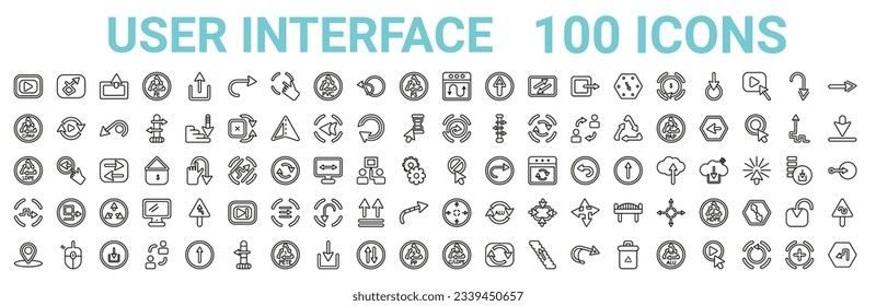 outline set of 100 user interface line icons. linear vector icons such as bookmark,retweet, ,forbbiden,vigilance, ,waiting,sort down. vector illustration