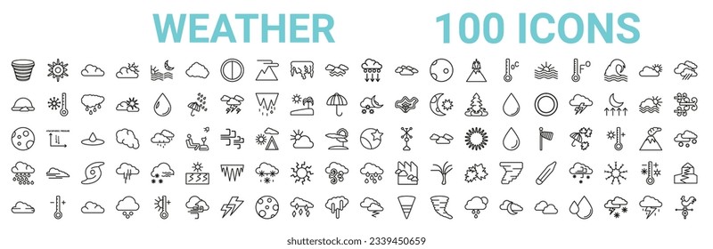 outline set of 100 weather line icons. linear vector icons such as sunshine,rainbow,cloudy night,new moon,waning moon,drizzle,rainy day,thunderstorm. vector illustration