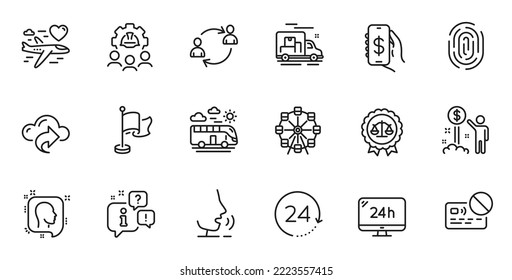 Outline set of 24 hours, User communication and Engineering team line icons for web application. Talk, information, delivery truck outline icon. Include Card, Flag, Head icons. Vector