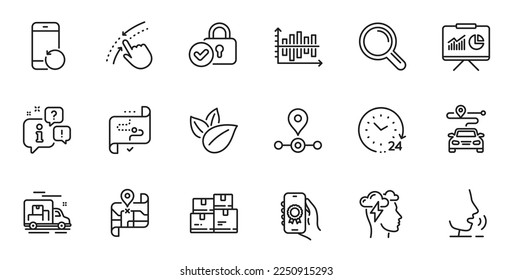 Outline set of 24 hours, Verified locker and Presentation line icons for web application. Talk, information, delivery truck outline icon. Include Diagram chart, Map, Swipe up icons. Vector
