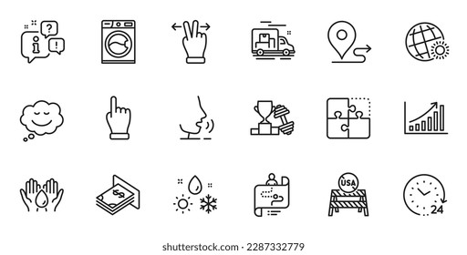 Outline set of 24 hours, Weather and Usa close borders line icons for web application. Talk, information, delivery truck outline icon. Include World weather, Safe water, Click hand icons. Vector