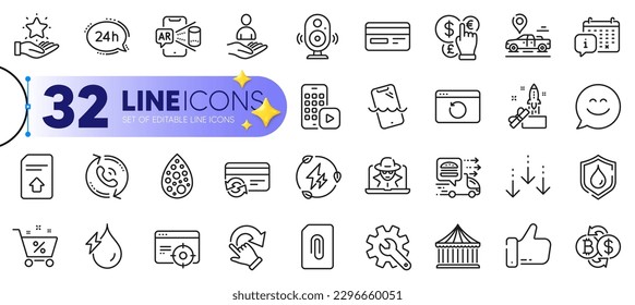Outline set of 24h service, Scroll down and Car place line icons for web with Recovery internet, Waterproof, Green electricity thin icon. Customisation, Food delivery, Calendar pictogram icon. Vector