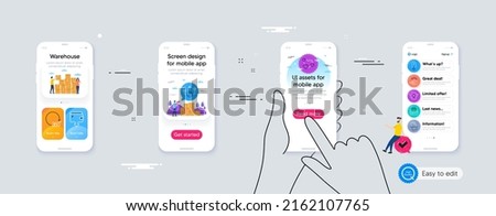 Outline set of 360 degrees, Correct way and Heart line icons for web application. Phone ui interface. Include Loyalty card, Gps, Wallet icons. Vector