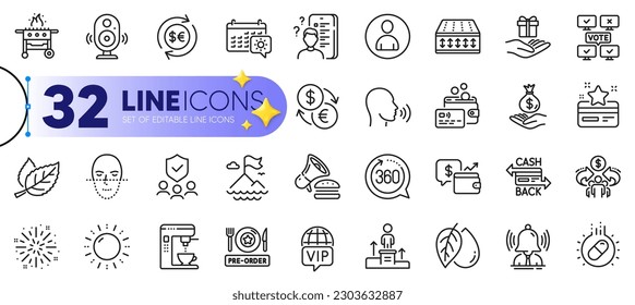 Outline set of 360 degrees, Fireworks explosion and Sun energy line icons for web with Avatar, Brand, Gas grill thin icon. Human sing, Mineral oil, Card pictogram icon. Currency exchange. Vector