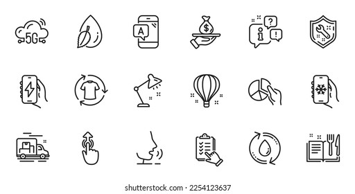 Outline set of 5g cloud, Table lamp and Air conditioning line icons for web application. Talk, information, delivery truck outline icon. Include Pie chart, Air balloon, Swipe up icons. Vector