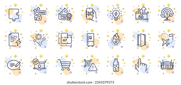 Outline set of 5g internet, Incubator and Open door line icons for web app. Include Destination flag, Cream, Online access pictogram icons. Heart flame, Message, Inspiration signs. Vector