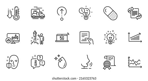 Outline set of 5g notebook, Face protection and Marketing line icons for web application. Talk, information, delivery truck outline icon. Include Certificate, Idea, Chart icons. Vector