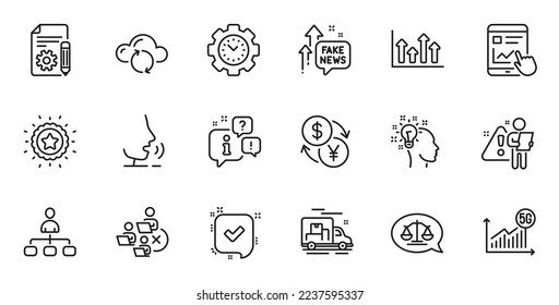 Outline set of 5g statistics, Internet report and Fake news line icons for web application. Talk, information, delivery truck outline icon. Include Cloud sync, Documentation, Idea icons. Vector
