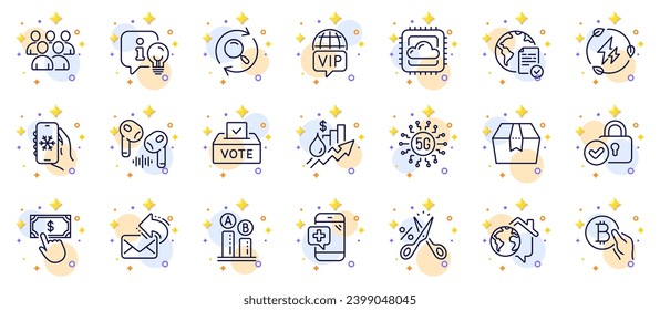 Outline set of 5g technology, Share mail and Package box line icons for web app. Include Group, Verified locker, Online voting pictogram icons. Rise price, Vote box, Work home signs. Vector
