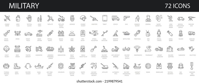 Outline Set Of 72 War, Military, Army Line Icons. Editable Stroke. Military Equipment, Tools,  Aids And Appliances. Collection And Pack Of Linear Icons.  