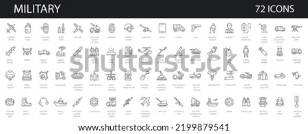 Outline set of 72 war, military, army line icons. Editable Stroke. Military Equipment, tools,  aids and appliances. collection and pack of linear icons.  