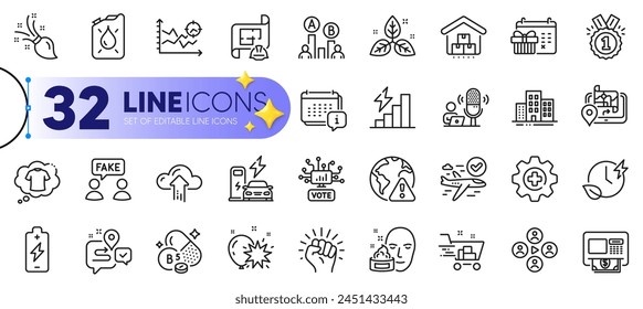 Outline set of Ab testing, Engineering plan and T-shirt line icons for web with Calendar, Cloud upload, Atm thin icon. Fake information, Storage, Brush pictogram icon. Shopping cart. Vector