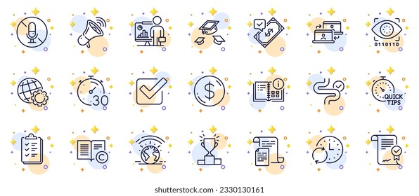 Outline set of Accepted payment, Greenhouse and Documents line icons for web app. Include Checklist, Timer, Winner podium pictogram icons. No microphone, Artificial intelligence. Vector