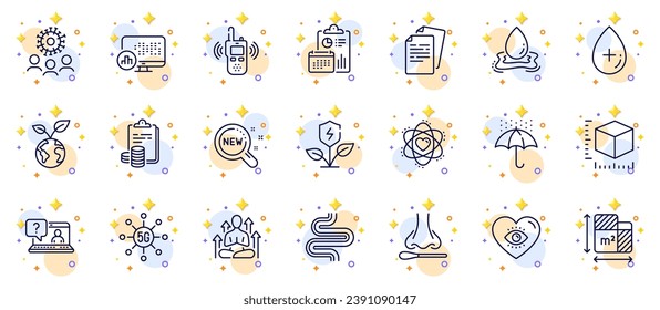 Outline set of Accounting, 5g technology and Meditation eye line icons for web app. Include Save planet, Nasal test, Report statistics pictogram icons. Documents, Intestine, Package size signs. Vector