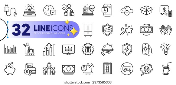 Outline set of Accounting report, Coffee and Engineering team line icons for web with Electric app, Luggage belt, Restaurant food thin icon. Cash money, Typewriter, Stop voting pictogram icon. Vector