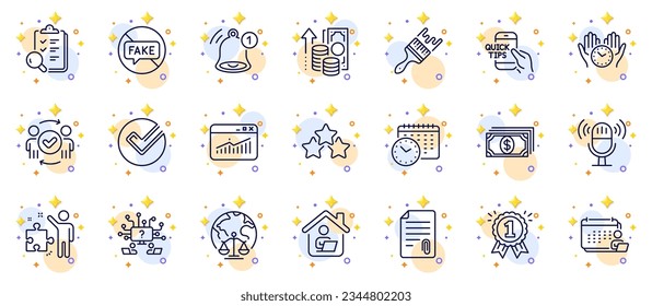 Outline set of Accounting, Strategy and Attachment line icons for web app. Include Calendar time, Magistrates court, Inspect pictogram icons. Ranking stars, Verify, Website statistics signs. Vector