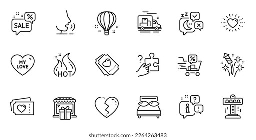 Outline set of Air balloon, Love ticket and Sleep line icons for web application. Talk, information, delivery truck outline icon. Include Fireworks rocket, Hot sale, Pillows icons. Vector