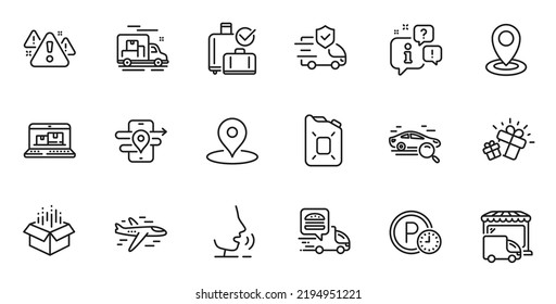 Outline set of Airplane, Gps and Parking time line icons for web application. Talk, information, delivery truck outline icon. Include Location, Baggage reclaim, Delivery truck icons. Vector