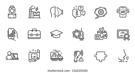 Outline Set Of Analysis App, Hospital Nurse And Graduation Cap Line Icons For Web Application. Talk, Information, Delivery Truck Outline Icon. Vector