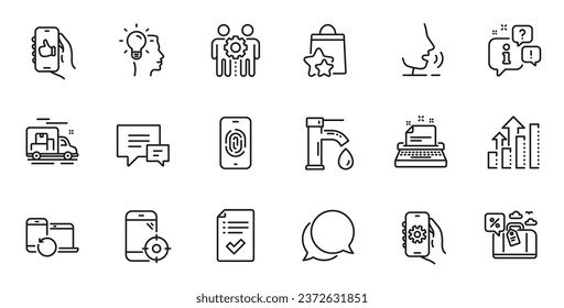 Outline set of Analysis graph, Fingerprint and Employees teamwork line icons for web application. Talk, information, delivery truck outline icon. Include Seo phone, Idea, Travel loan icons. Vector