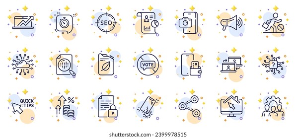 Outline set of Analytics chart, Phone photo and Work home line icons for web app. Include Smartphone broken, Cloud network, Report pictogram icons. Team work, Quick tips, Inflation signs. Vector