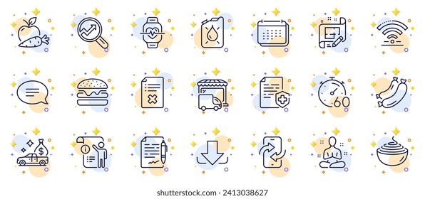 Outline set of Analytics, Chat and Cardio training line icons for web app. Include Architect plan, Sausage, Phone transfer pictogram icons. Download, Delivery truck, Medical certificate signs. Vector
