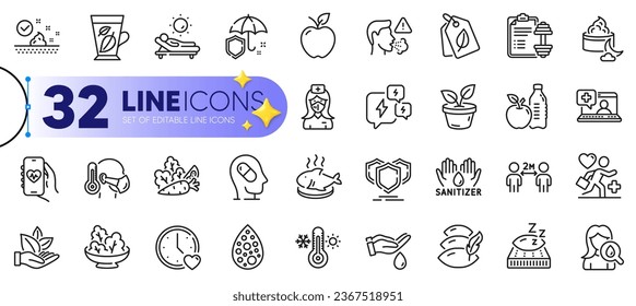 Outline set of Apple, Lounger and Vegetables line icons for web with Patient, Shields, Hand sanitizer thin icon. Salad, Organic product, Dumbbell pictogram icon. Sick man, Umbrella, Wash hands. Vector
