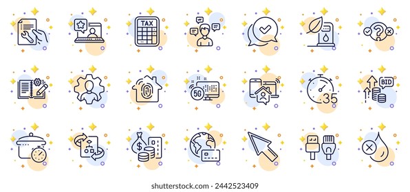 Outline set of Approved, Boiling pan and Quiz test line icons for web app. Include Repair document, Conversation messages, Technical algorithm pictogram icons. Fingerprint access. Vector