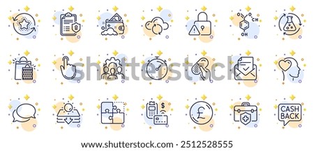 Outline set of Approved mail, Shopping bags and Chemistry experiment line icons for web app. Include Timer, Privacy policy, Cloud sync pictogram icons. Medical insurance, Team work. Vector