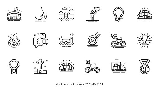 Outline set of Arena stadium, Scuba diving and Arena line icons for web application. Talk, information, delivery truck outline icon. Include Swimming pool, Best rank, Winner icons. Vector