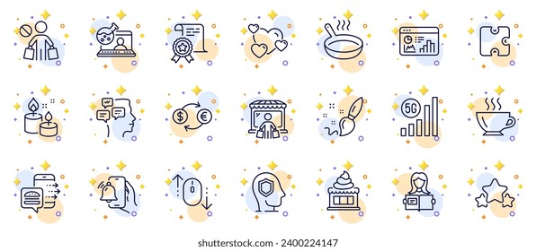 Outline set of Aroma candle, Paint brush and Food order line icons for web app. Include Online chemistry, Certificate, Messages pictogram icons. Stars, 5g wifi, Puzzle signs. Frying pan. Vector