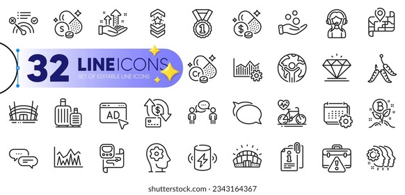 Outline set of Attached info, Ad and Operational excellence line icons for web with Talk bubble, Maggots, Sulfur mineral thin icon. Money transfer, Analysis graph, Baggage pictogram icon. Vector