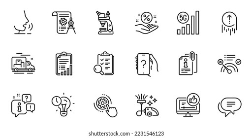 Conjunto de esquemas de información adjunta, administración de tiempo e iconos de línea de vídeo como para aplicaciones web. Hable, información, icono de esquema del camión de entrega. Vector