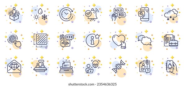 Outline set of Augmented reality, Bid offer and Cyber attack line icons for web app. Include Typewriter, Vacancy, Info pictogram icons. Phone repair, Time change, Chemistry dna signs. Vector