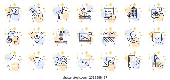 Outline set of Augmented reality, Chemistry experiment and Internet report line icons for web app. Include Meditation eye, Remove image, Video conference pictogram icons. Start business. Vector