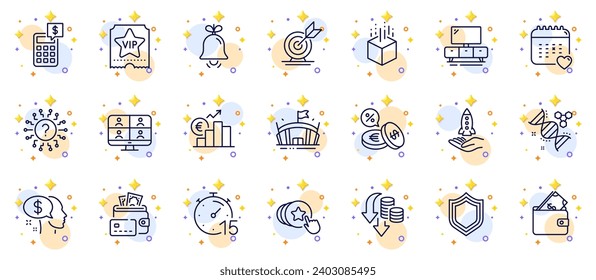 Conjunto de esquemas de realidad aumentada, iconos de línea de corazón y deflación para la aplicación web. Incluye calendario de asistencia sanitaria, videoconferencia, íconos del pictograma de la Arena. Dinero, Calculadora, carteras. Vector