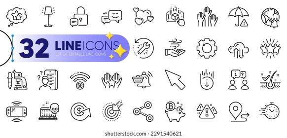 Outline set of Augmented reality, Ranking and Microscope line icons for web with Recovery tool, Game console, Survey thin icon. Wind energy, Timer, Recovery gear pictogram icon. Vector