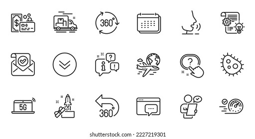 Outline set of Bacteria, Calendar and Cogwheel line icons for web application. Talk, information, delivery truck outline icon. Include International flight, Innovation, Customer survey icons. Vector