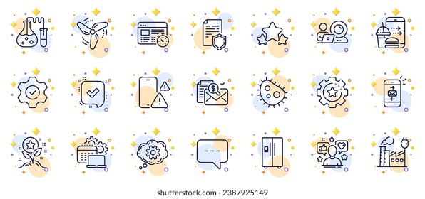 Conjunto de esquemas de bacterias, refrigerador e iconos de línea confirmados para la aplicación web. Incluya los iconos del blog, la videoconferencia, el pictograma del temporizador web. Laboratorio de química, fábrica, señales de advertencia de teléfono. Vector