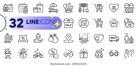 Outline set of Baggage size, Christmas ball and Vr line icons for web with Shopping cart, Ice cream, Special offer thin icon. New star, Christmas calendar, Pin pictogram icon. Sunbed. Vector