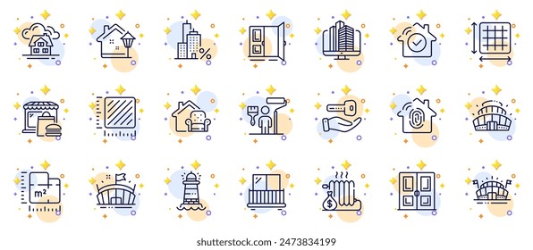 Outline set of Balcony, Buying house and Arena line icons for web app. Include Mortgage, Square area, Food market pictogram icons. Floor plan, Arena stadium, Open door signs. Lighthouse. Vector