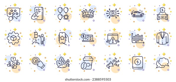 Outline set of Balloon dart, Fitness and Online accounting line icons for web app. Include Teamwork question, Bitcoin project, Chat message pictogram icons. Takeaway coffee, Favorite app. Vector